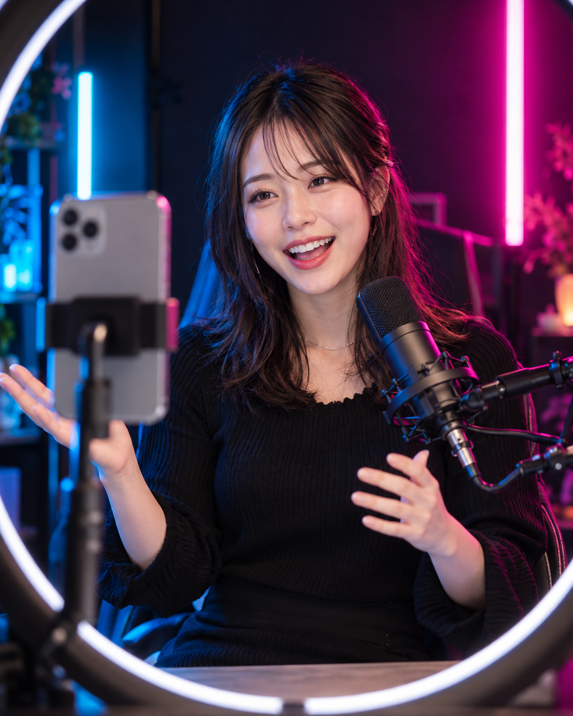 スマホとマイクを使ってライブ配信を楽しむ女性ライバーのイメージ